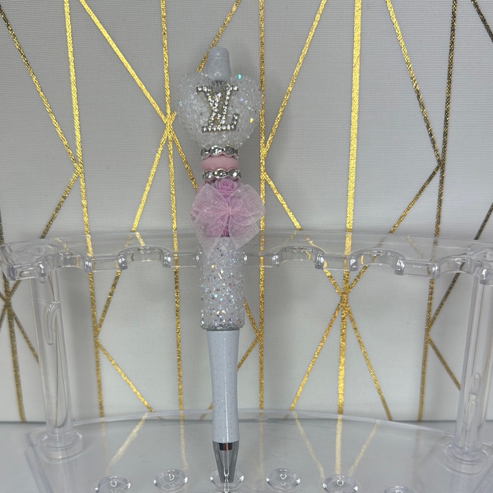 Elegant White and Pink Pen with Crystal Accents